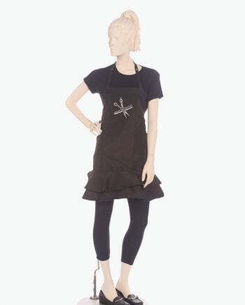 scissor and comb rhinestone designers ruffle apron in black