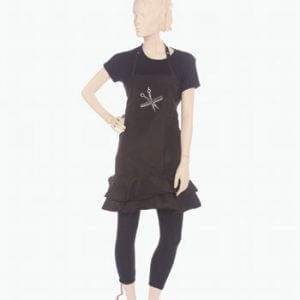 custom scissor and comb rhinestone designers ruffle apron in black