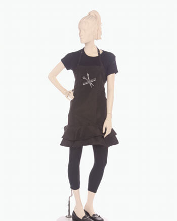 custom scissor and comb rhinestone designers ruffle apron in black